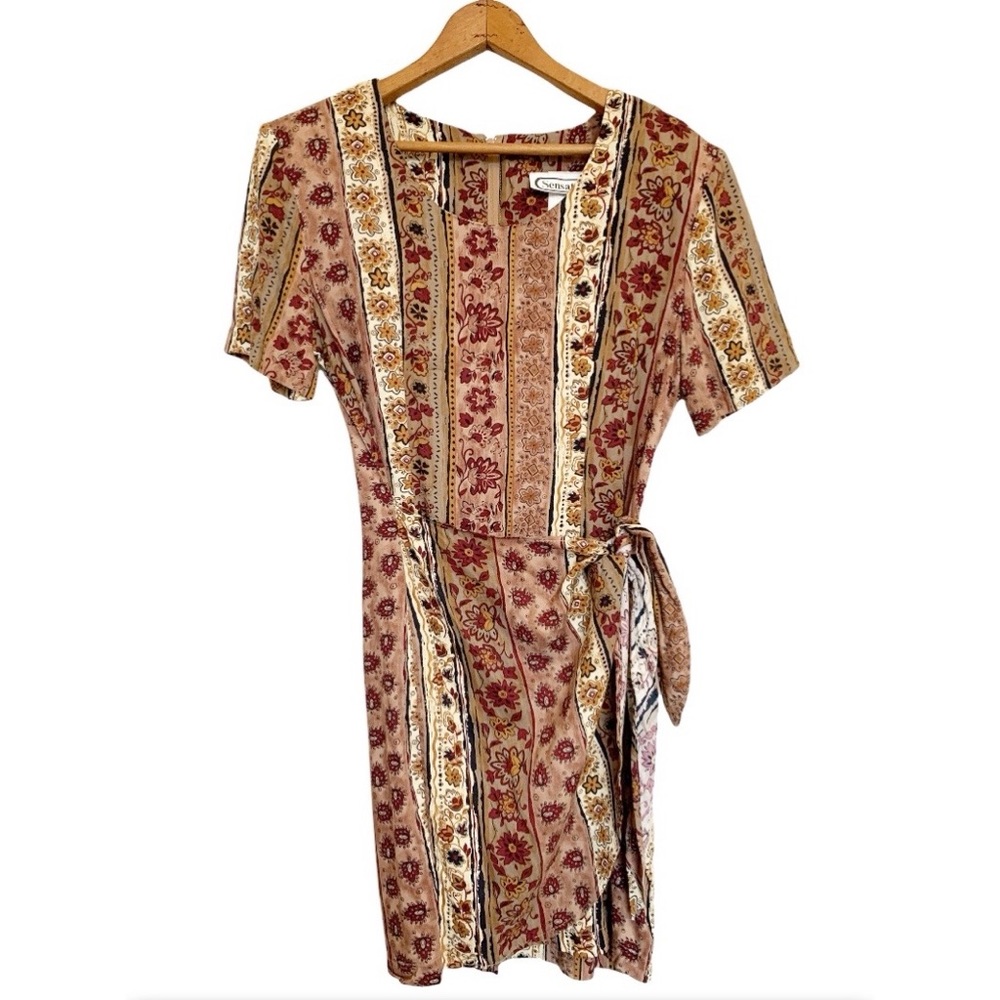 Vintage Short Sleeve Front Tie Mini Dress Brown Print